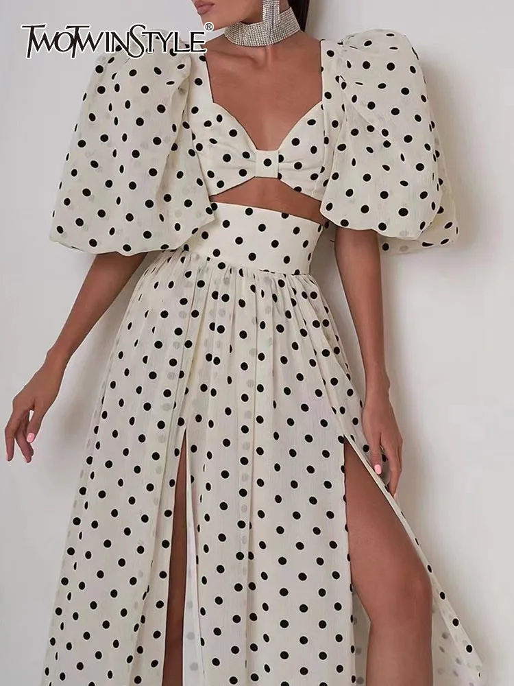 

Женский комплект из двух предметов GALCAUR, топ с квадратным воротником и пышными рукавами, трапециевидная юбка с высокой талией и принтом в горошек, популярный цвет