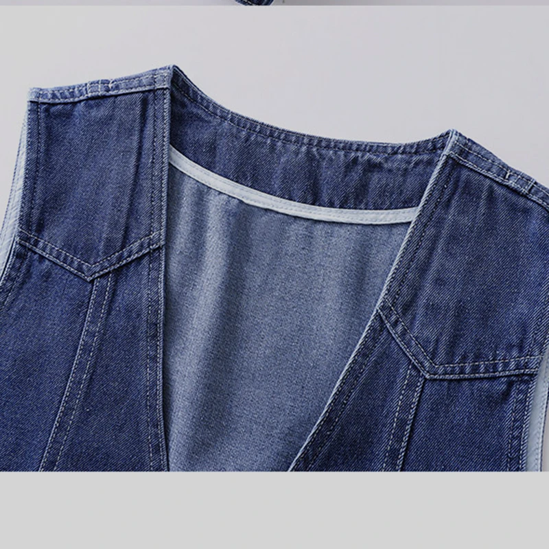 Spring Autumn Retro V-neck Cowboy Vest Women's New Blue Loose Casual Waist Coat Top S732