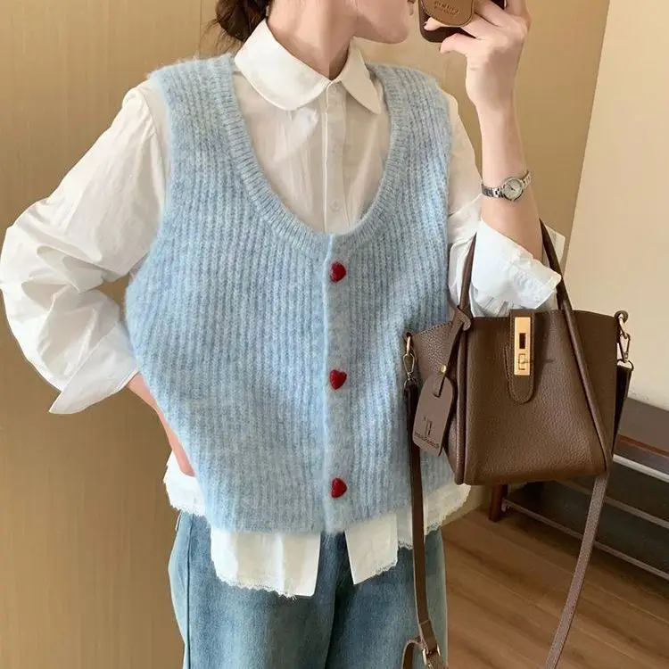 

Lovely Heart Button-up Knit Cardigan Vest, Korean Fashion Sleeveless Sweater Camisole For All Seasons