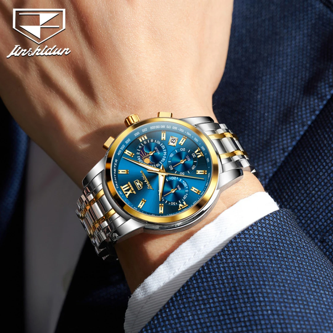 JSDUN 8985, модные кварцевые часы, подарок, ремешок для часов из нержавеющей стали, наручные часы с круглым циферблатом, календарь фазы Луны, светящийся маленький второй