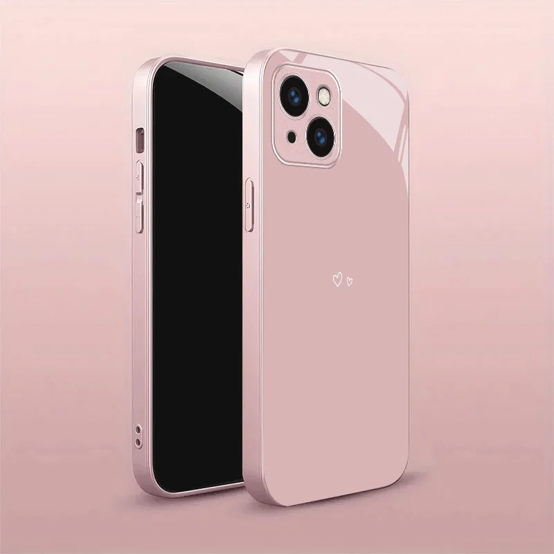 Simple heart-shaped pattern pink electroplated glass phone case, suitable for iPhone 17, 16, 15, 14, 13, 12, 11, etc.