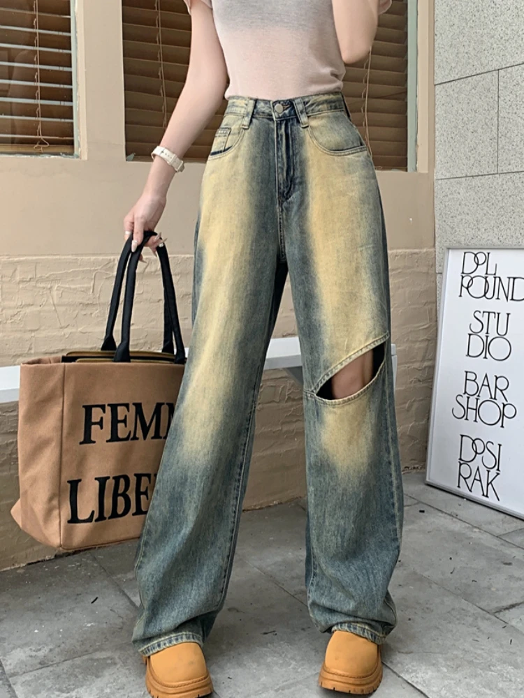 Retro Jeans Frauen High Street Büro Dame Breites Bein Lose Pendeln Casual Trendy Frühling Hosen Freund Gewaschen Europäischen Stil