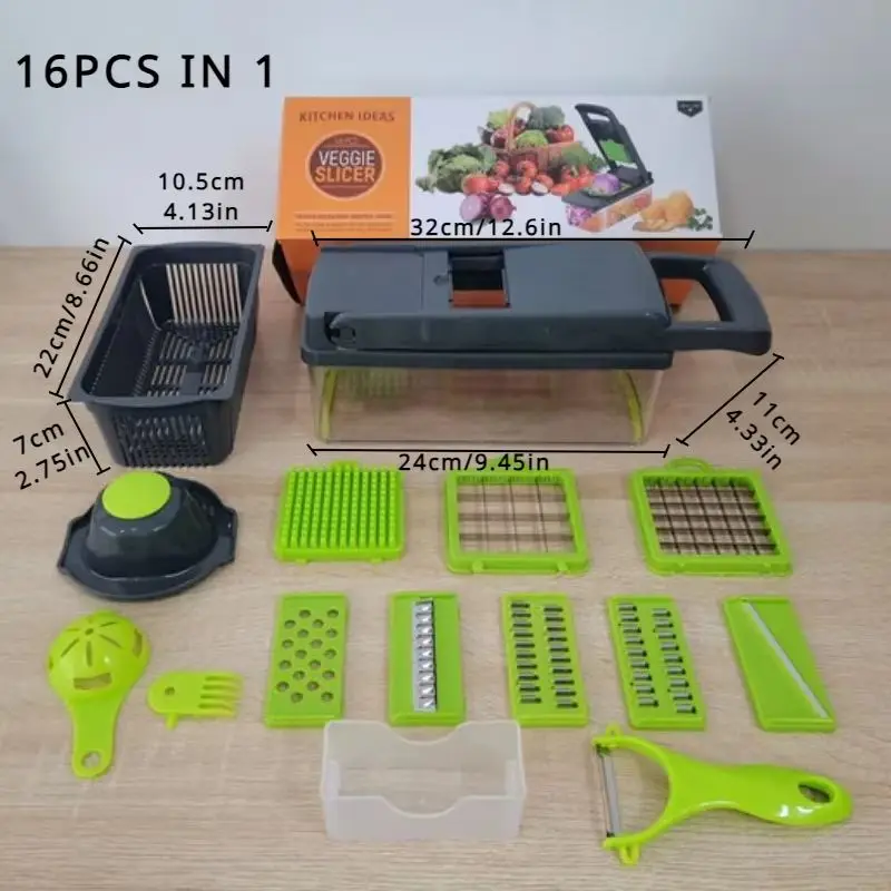 16-in-1 vegetable chopper with container, cheese chopper, vegetable chopper and onion dicer, salad potato carrot garlic mandolin