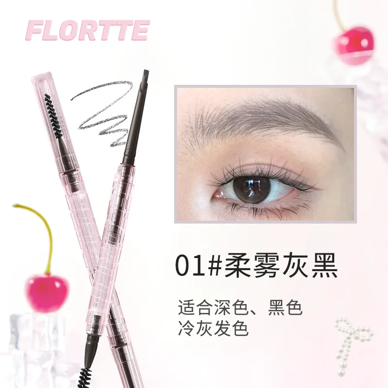 FLORTTE ดินสอเขียนคิ้วโค้งเล็กทึบติดทนนานดินสอเขียนคิ้วเนื้อละเอียดง่าย