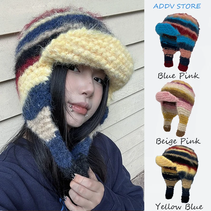 Y2K Striped Color Blocked Crochet Knitted Ear Protection Mohair Hats for Women Autumn Winter Warm Bomber Flying Ski Mask Cap