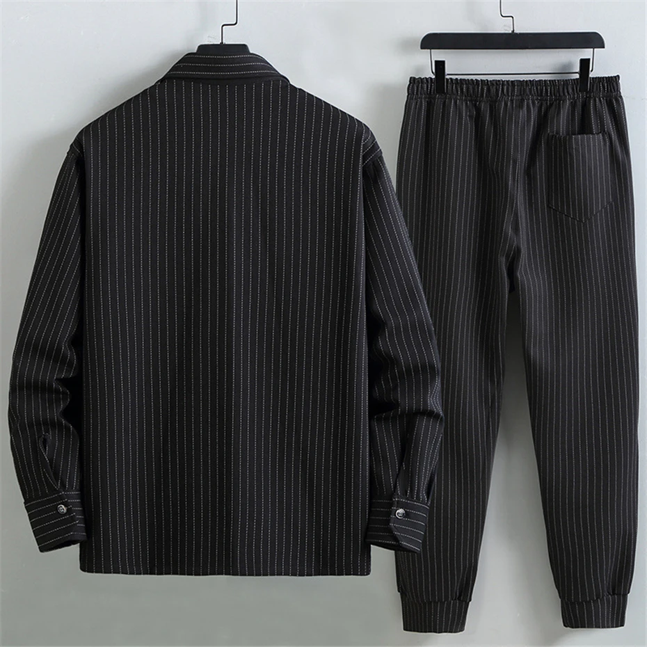 Men's Stripe Sets Plus Size 10XL 11XL Cargo Shirts Pants Male Autumn Winter Thick Suits Fashion Casual Jacket Sets Big Size 10XL