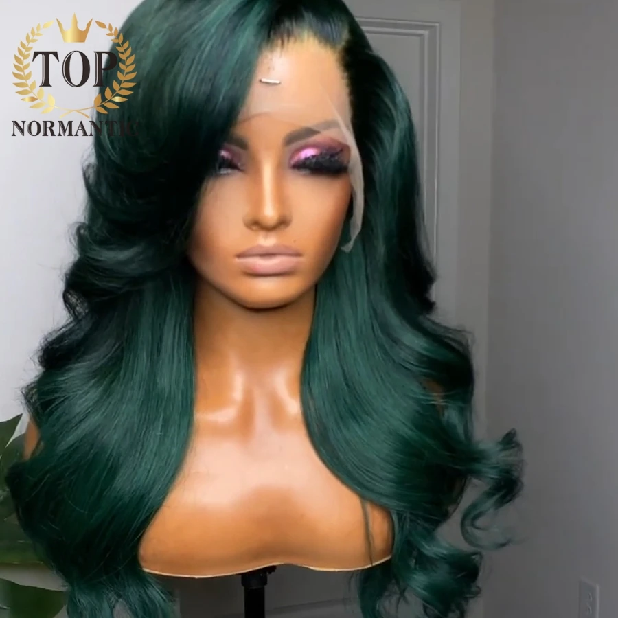 Topnormantic Green Color 13x6 Lace Front Wigs for Women Remy Brazilian Human Hair Loose Wave Wig Preplucked Hairline 4x4 Closure