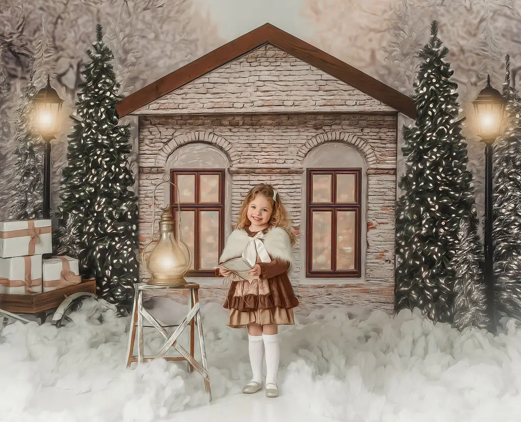 Cozy Snowy Christmas Cottage Backdrops Kids Child Photography Child Family Photocall Snowflake Forest Backgrounds