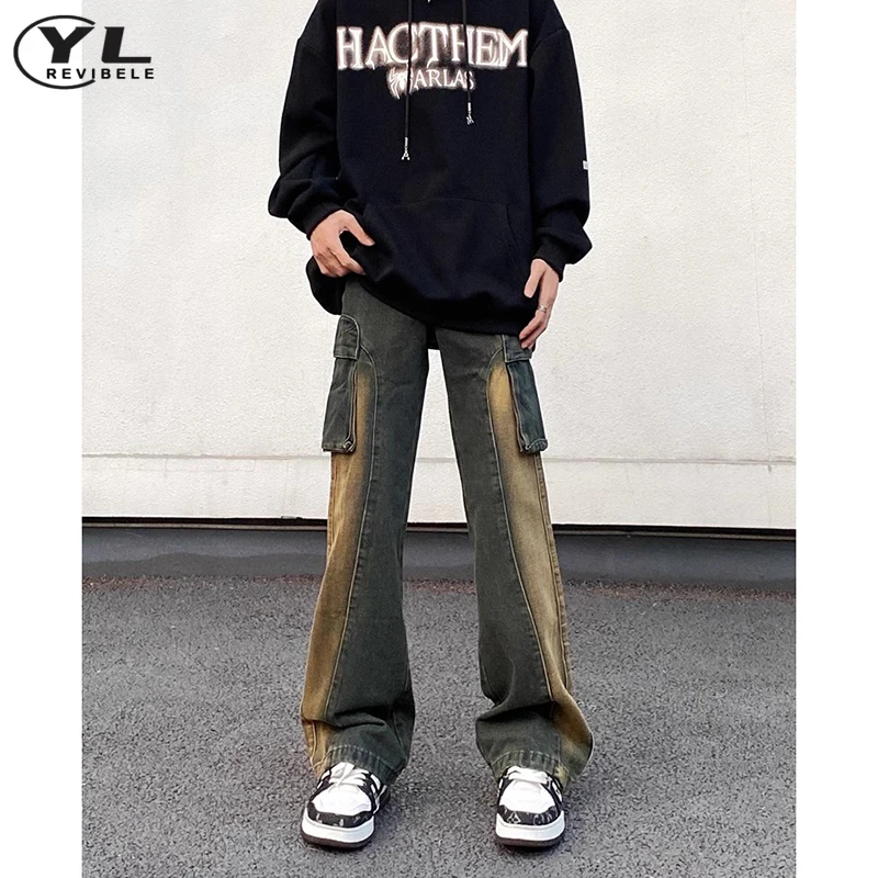 Multi Pocket Distressed Jeans Men Woman High Street Patchwork Washed Straight Cargo Denim Pant Vintage Baggy Micro Horn Trousers