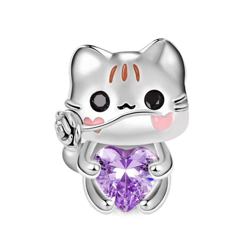 

925 Sterling Silver Cute Cat Embraces Heart Gemstone Charm Fit Original Pandora Charm Bracelets Beads Pendant Jewelry Berloque