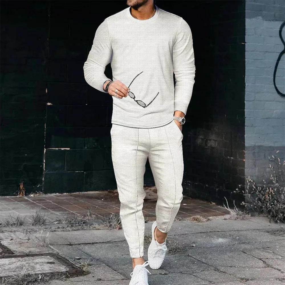 Men\'s spring Fall Waffle casual suit crew neck long sleeve T-shirt top and drawstring pants