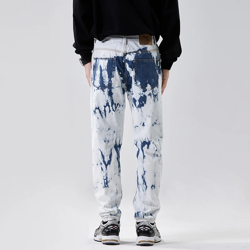 High quality white jeans men's Spring and Autumn American street fashion blue and white washed printed straight leg long pants