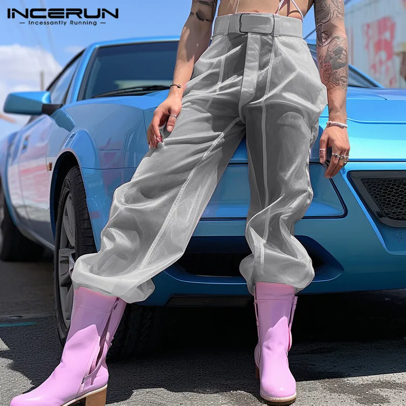 INCERUN 2024 American Style Pantalons Men\'s Solid See-through Mesh Long Pants Leisure Clubwear Sexy Hot Sale Thin Trousers S-5XL