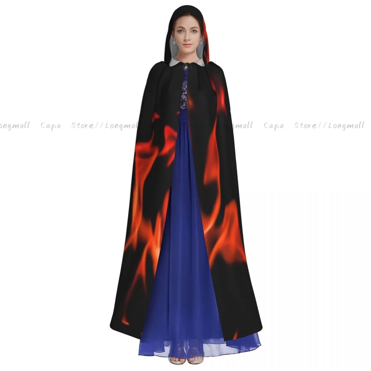 Adult Vampire Cape Hooded Robe Flames Of Fire Background Halloween Cloak Full Length Cosplay