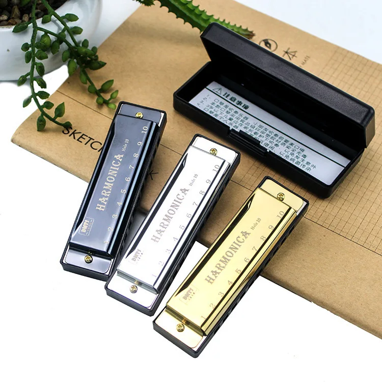 10-Loch Chromatische Mundharmonika in C - Anfängerharmonika mit Etui Geschenk KQ01