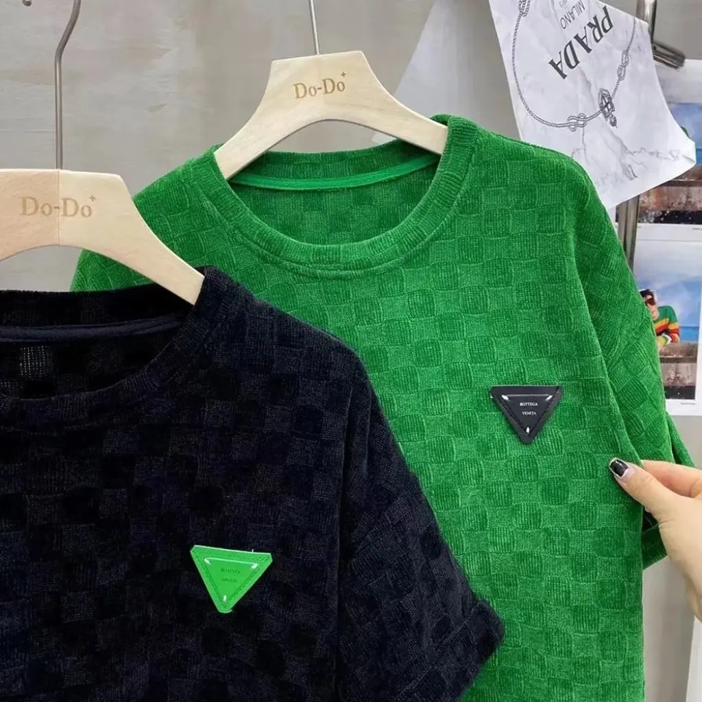 

Fashion Short-Sleeved Women's Slim-Fit Plaid Knitwear T-shirt Trendy Brand Spring Autumn Base Shirt Trendy