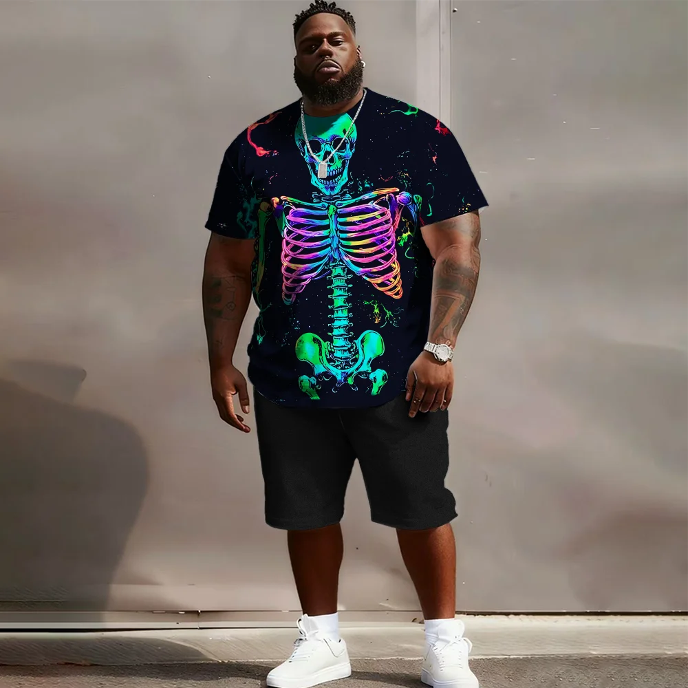 S-9XL Plus Size Men's Oversized Fit, Skeleton, Skull, Flame & X-Ray Print T-Shirt & Shorts Set, Casual Streetwear Outfit