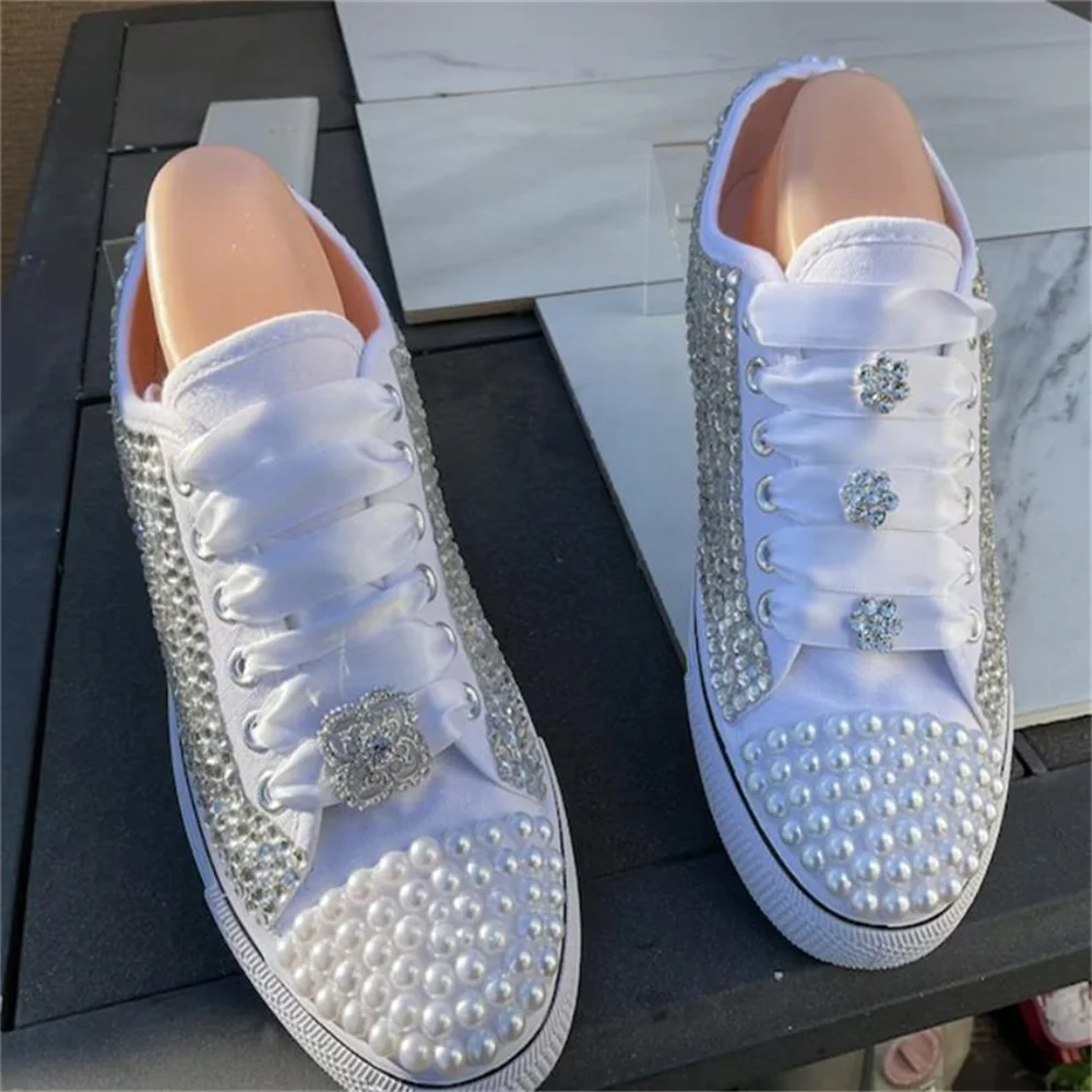 White low-top pearl rhinestones accessories ribbon custom style canvas shoes integrated sports casual shoes women's shoes 35-46