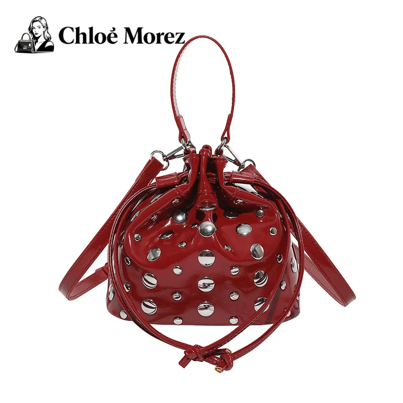 

Rivet Drawstring Bucket Bag for Women, Fashionable Punk Style, Single Shoulder Crossbody Bag Trend