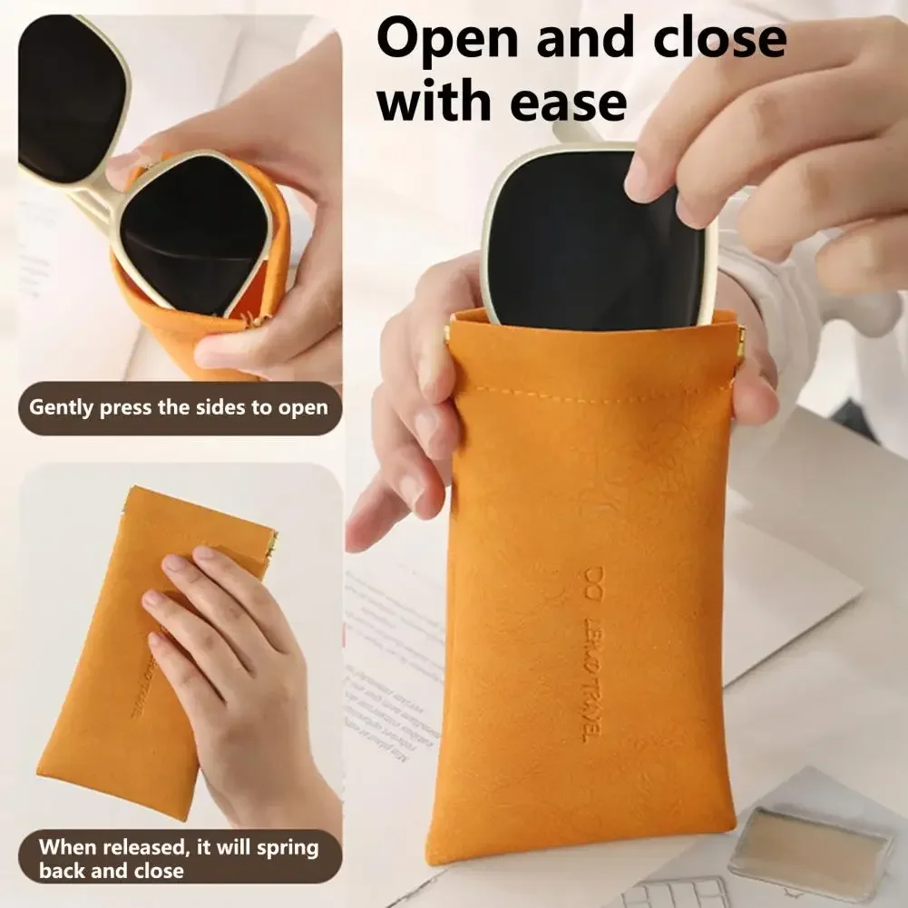 1Pcs Soft Leather Storage Pouch Automatic Closing Eyewear Storage Bag Built-in Fluff Sun Glasses Pouch Faux Leather Glasses Bag