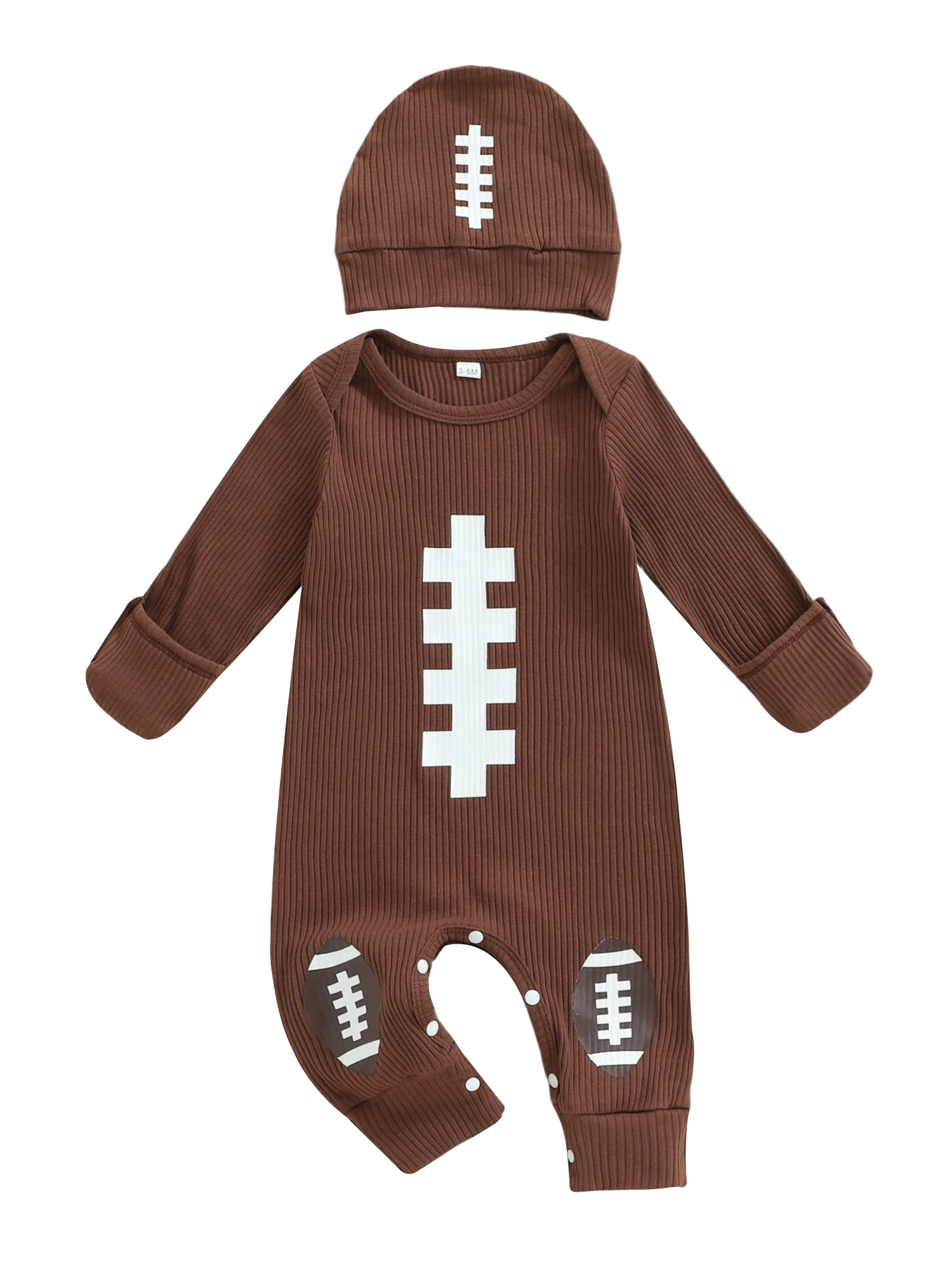 Setelan Baju Bayi 3Pcs Lengan Panjang Kerah Bulat Motif Rugby dengan Topi dan Kaos Kaki Pakaian Bayi Baru Lahir untuk Anak Laki-laki Perempuan
