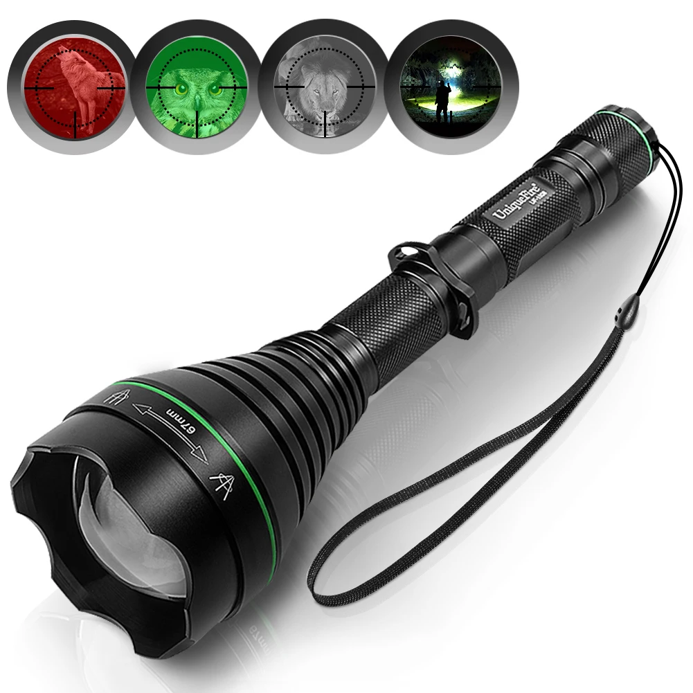 

Uniquefire 1508 T67 XRE LED Flashlight Zoom Green Red White Light 3 Modes Waterproof Lamp Torch for Coyote Hog Hunting Camping