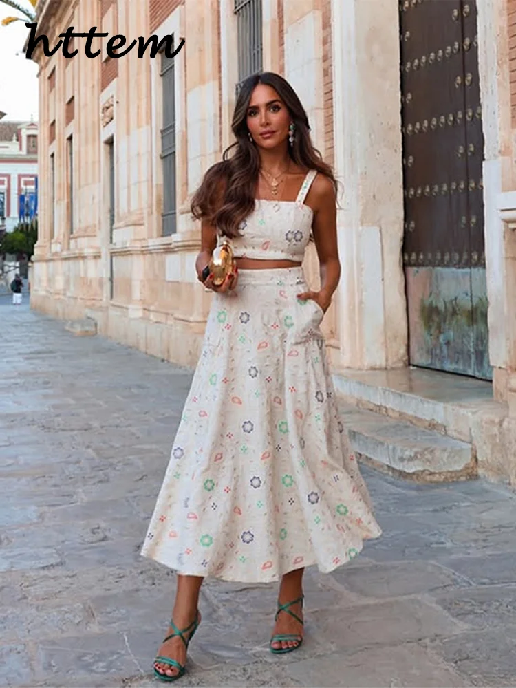 

Embroidery Crop Top Skirt Sets Women Backless Sleeveless Sling Vest High Waist Long A-line Skirts 2025 Summer Lady Vacation Suit