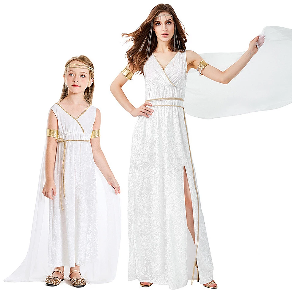 

Mother Girls Cosplay Greek Goddess Kids White Fairy Long Frock Shawl Set Women Carnival Halloween Masquerade Party Charm Clothes