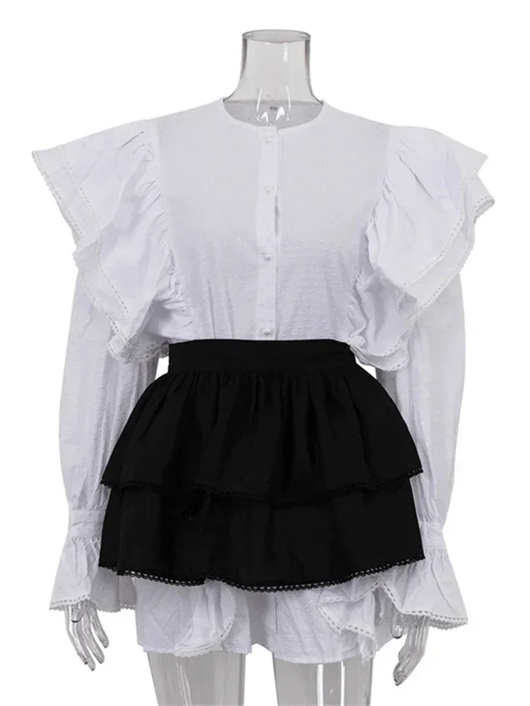 Ruffled Patchwork Fashion Mini Dress Women High Waist Shirts Elegant Party Looks 2 Piece-Set Mini Dress Women White Dress