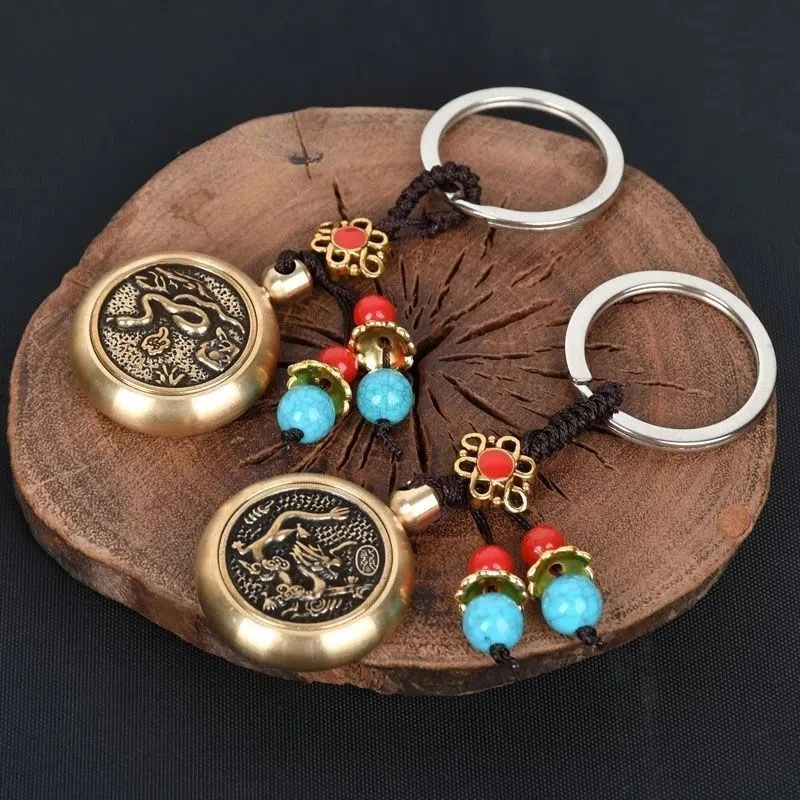Zodiac Brass Coins Rotatable Keychain Chinese Feng Shui Good Luck Pendant Fortune Longevity Auspicious Car Key Wallet Ornaments