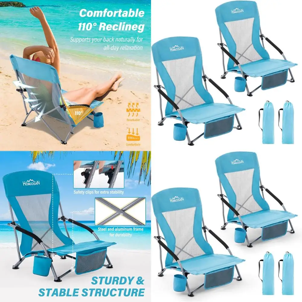 

Портативные низкие складные шезлонги, набор из 2-х легких походных стульев для взрослых с подстаканником и карманами для хранения, сумка для переноски