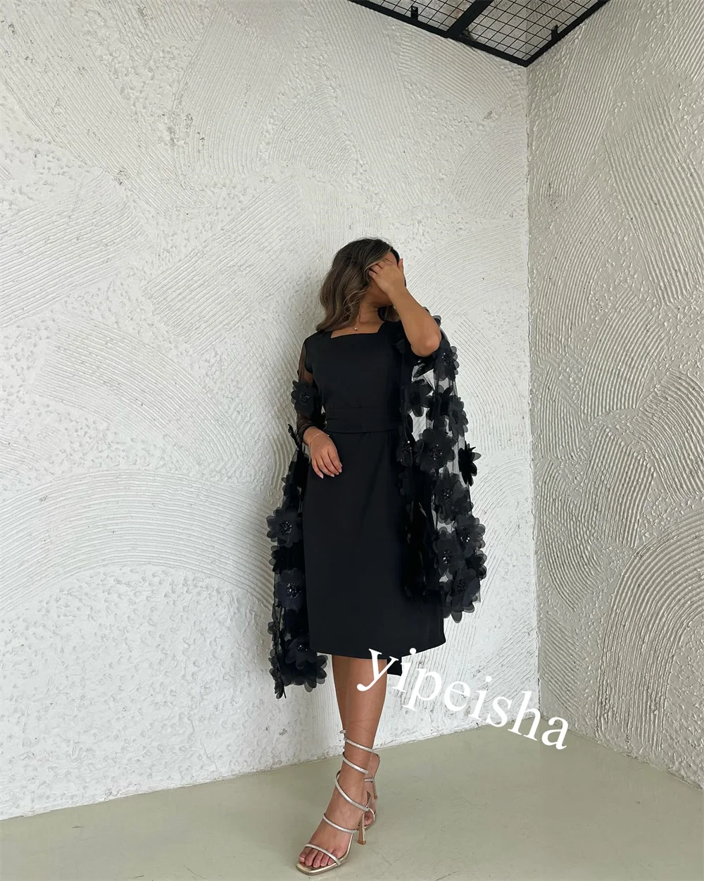 Jiayigong-Robe trapèze en jersey avec appliques, longueur au genou, tenue d'anniversaire, encolure carrée, occasion sur mesure