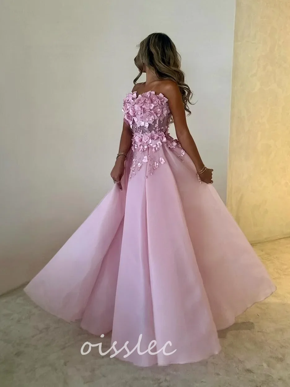 Oisslec Strapless Prom Dresses Handmade Flowers Wraps Zipper Back Evening Dress Long Maid of Honor Birthday Party Gowns