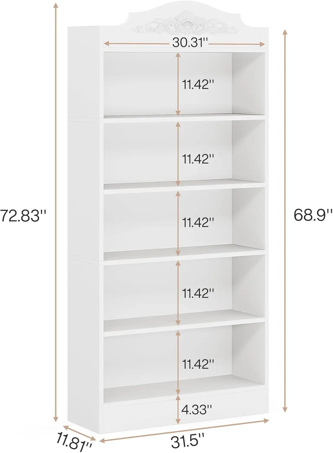 73 Inch Tall Bookcase, Modern 5-Shelf White Library Bookshelf with Storage Shelves, Freestanding Book Shelf, Wide Wood Storage