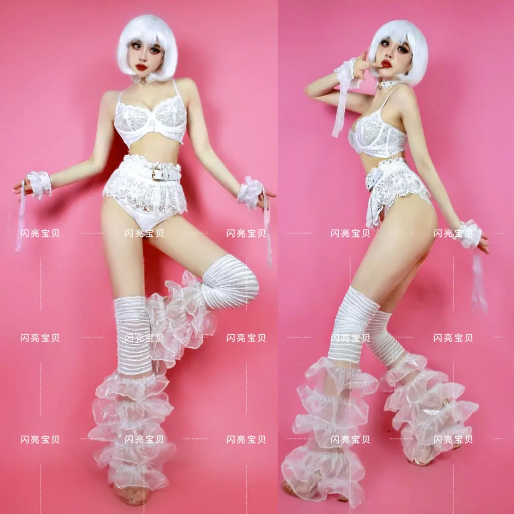 

Valentine's Day Bar Costume Sexy White Perspective Lace Trumpet Leg Set