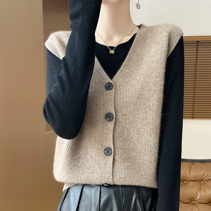 

Women Basic 100% Merino Wool Fashion Vest Solid Color Cardigan Layering Cashmere Sleeveless Comfort Casual Clothing Top
