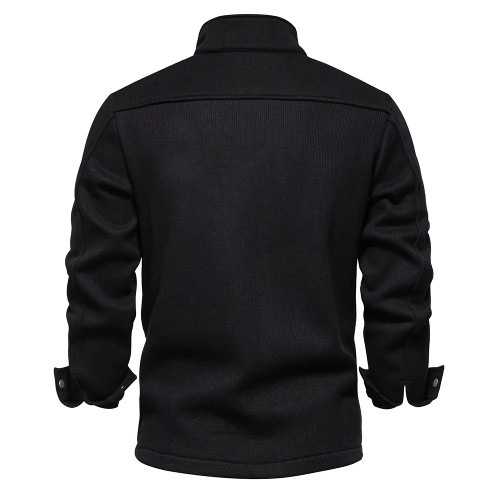 Autumn Winter Fleece Waffle Lapel Zip-Up Jacket Men's Pocket Casual Outerwear
