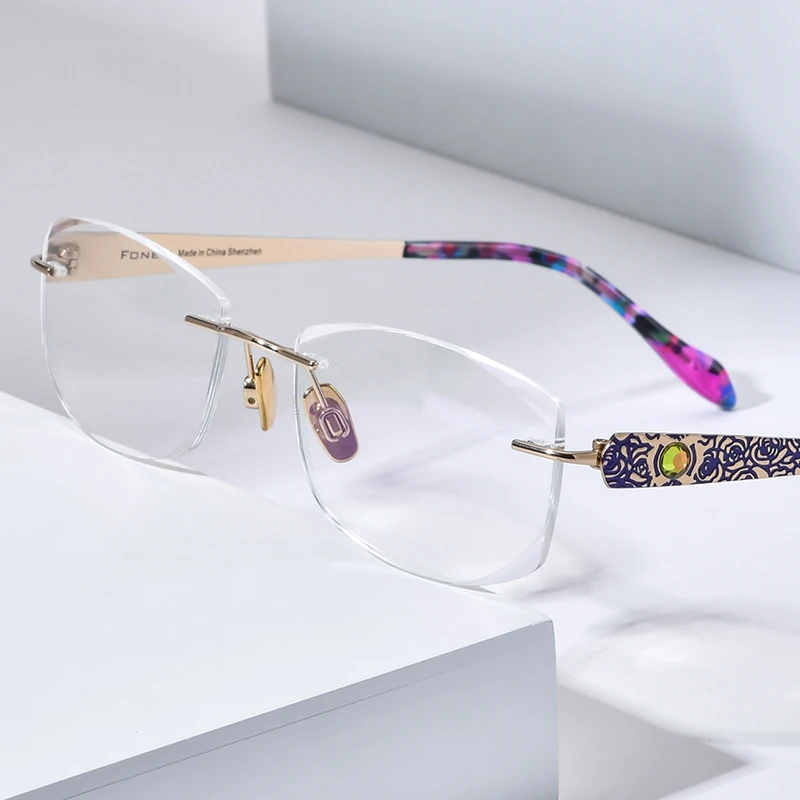 FONEX Pure Titanium Rimless Glasses Frame Women Ultralight Brands Designer Diamond Trim Luxury Eyeglasses Frameless Eyewear 6118