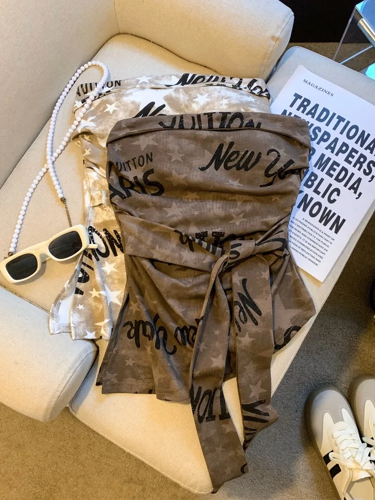 

Sexy Graffiti Letter Crop Top Irregular Slant Design Built-in Bra Pad Korean Style Knitted Summer Fashion Women's Vest