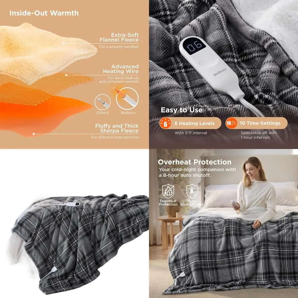 

Twin Size Flannel Sherpa Plaid Electric Blanket with 6 Heat Levels, 10 Timers, 8-Hour Auto-Off, Ideal for Grandma (Grey, 62x84)