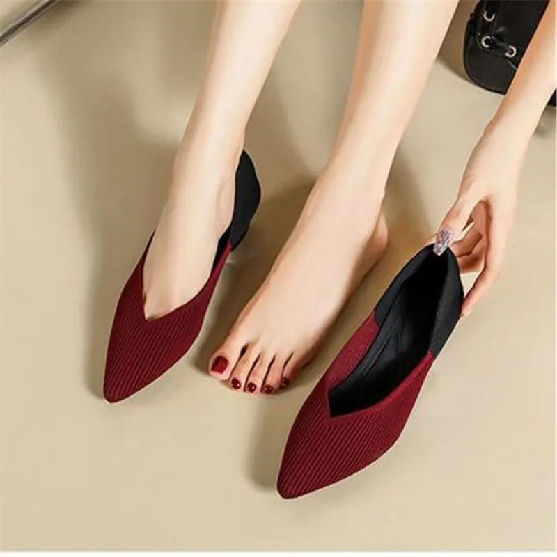 2023 Printing Women Shoes Flats Single Shoes Spring Autumn Knitted Pointed Shoes Flat Comfortable Plus Size 43