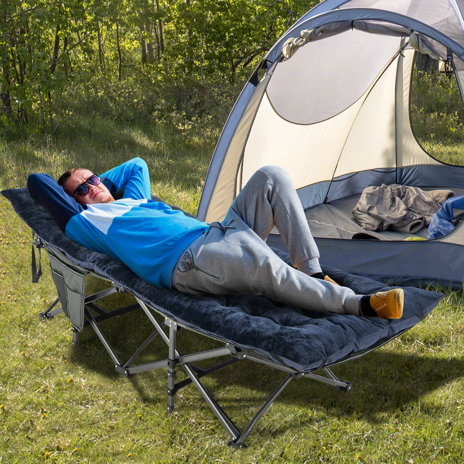 Outdoor-Campingliegen-Kissen, Atmungsaktives Plüschpolster mit Befestigungsgurten, Kariertes Muster, Sitzkissen für Outdoor-Lounge-Campingstühle
