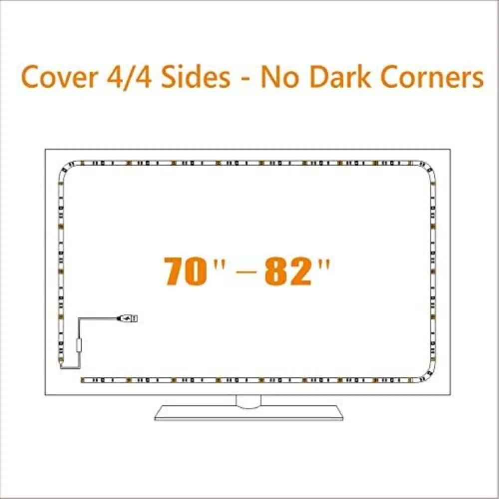 طقم إضاءة خلفية للتلفاز USB لشاشة تلفزيون ذكية 70 75 80 82 بوصة HDTV ديكور مساحة العمل - غطاء 4/4 جوانب خلف أضواء خلف التلفزيون