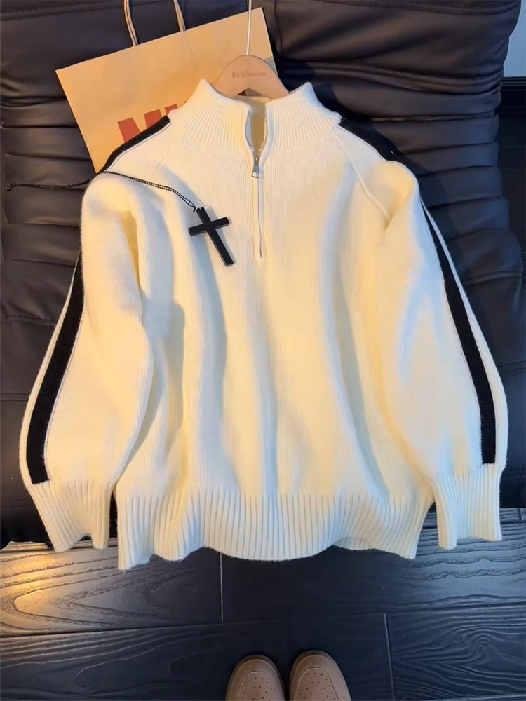 

Американский ретро-свитер унисекс с высоким воротником, вязаный, на молнии, с длинными рукавами, осенне-зимний, утепленный флисом