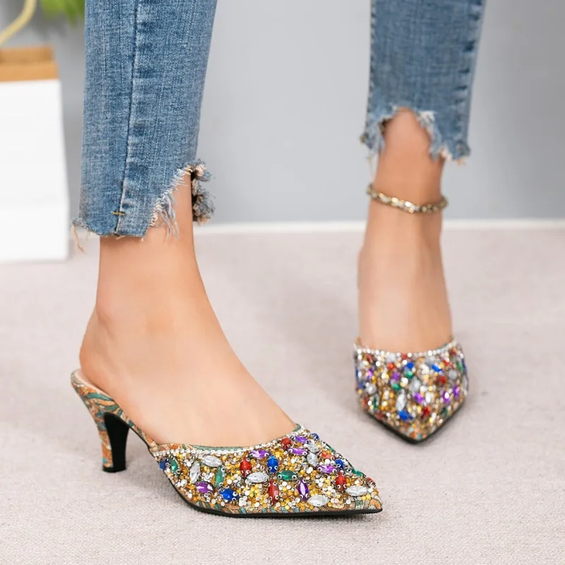 Luxury Rhinestone Kitten Heel Slippers Women Pointed Tou Slides Designer mules Party Shoes Fashion Shiny Heels Women Sandals view 4
