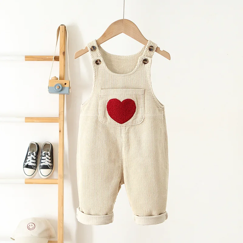 Spring 1-4Y Toddler Baby Boys Girls Solid Corduroy Suspander Overalls Heart Pattern Kids Playsuit Jumpsuit Clothes Romper