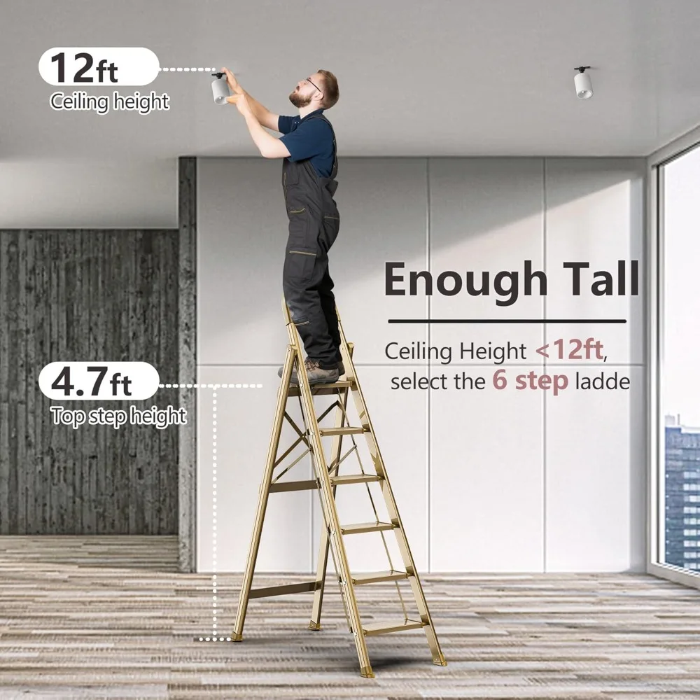 Lightweight Aluminum 6 Step Ladder for 12 Feet High Ceiling, Folding Step Stool Stepladders with Anti-Slip and Wide Pedal