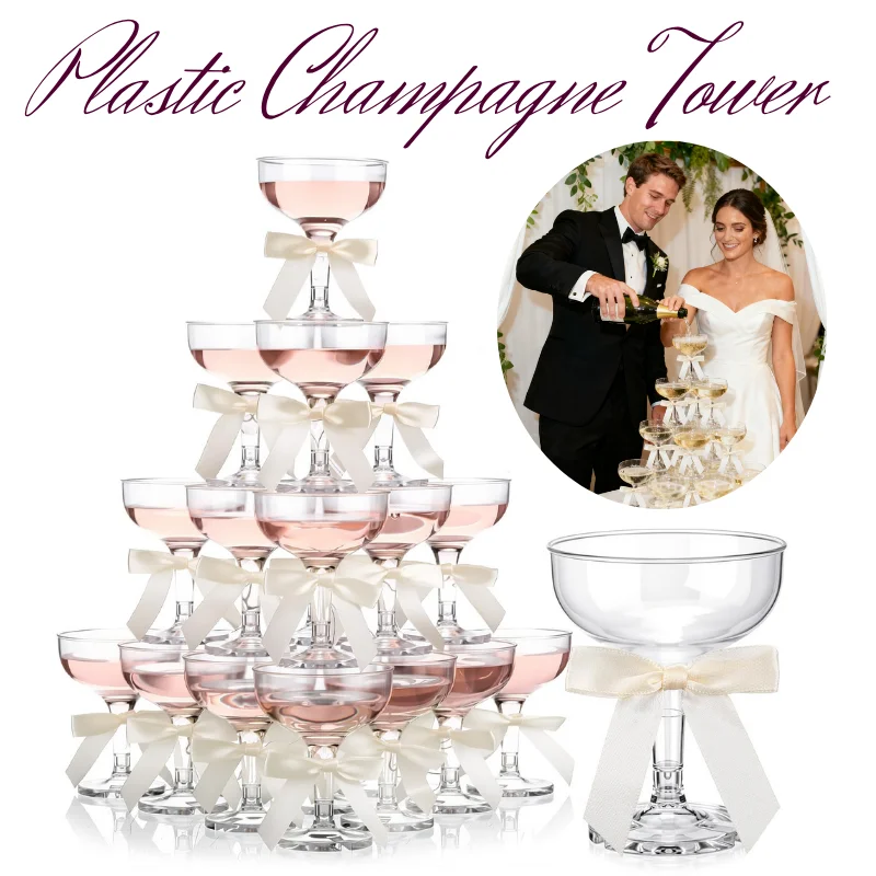 4-stufiger Acryl-Champagnerturm mit Schleife, Kunststoff-Champagnergläser für Geburtstag, Hochzeit, Party, Junggesellenabschied, Zuhause, Bar (5 Unzen, transparent)