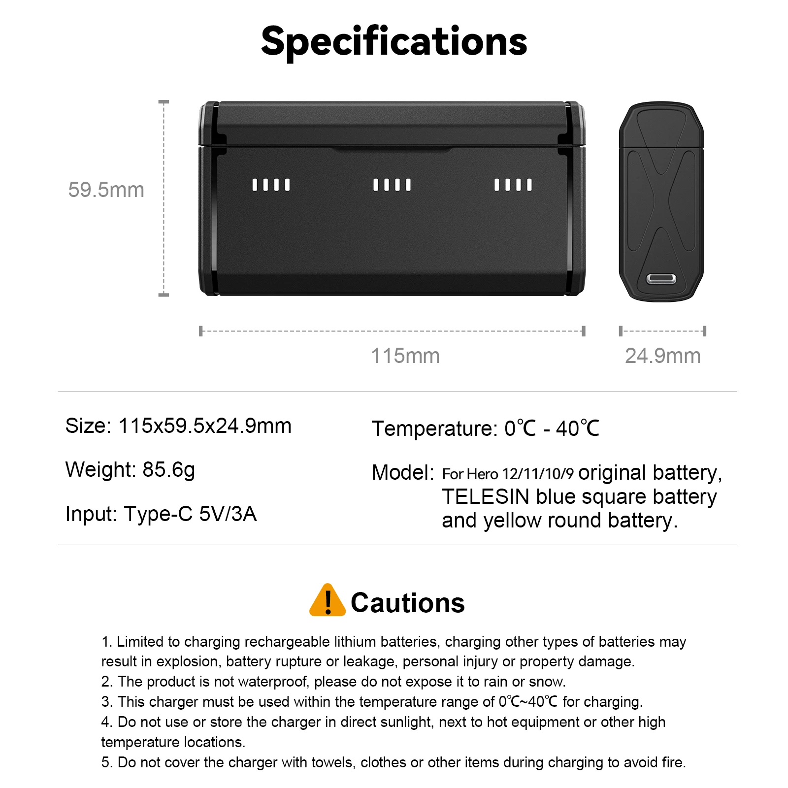 TELESIN Portable Battery Charger For GoPro Hero 12 11 10 9 Battery 3 Slots TF Card Battery Storage Charger Box For Gopro 12