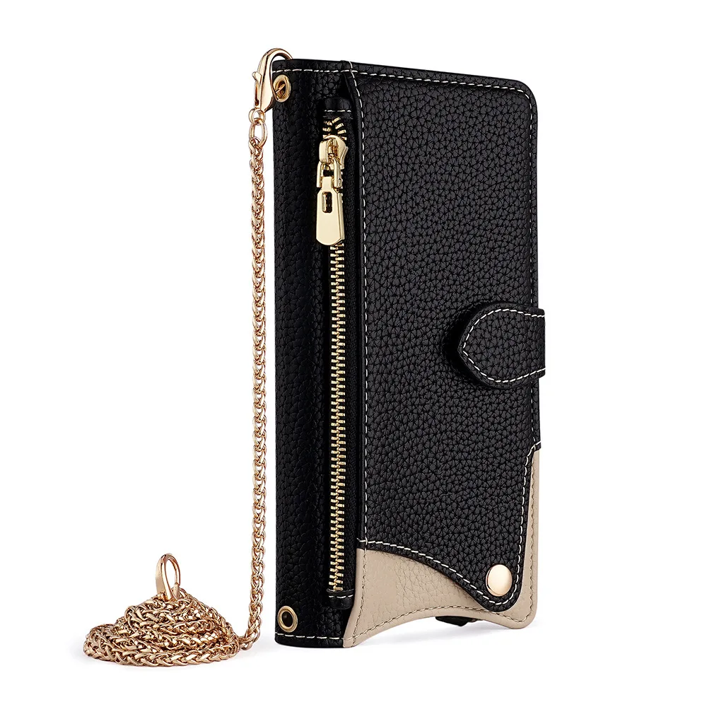 

Premium Leather Flip Phone Case for Samsung S25 Edge S24 Ultra Galaxy S23 FE S22 Plus S20 Built-in Mirror+Detachable Metal Chain